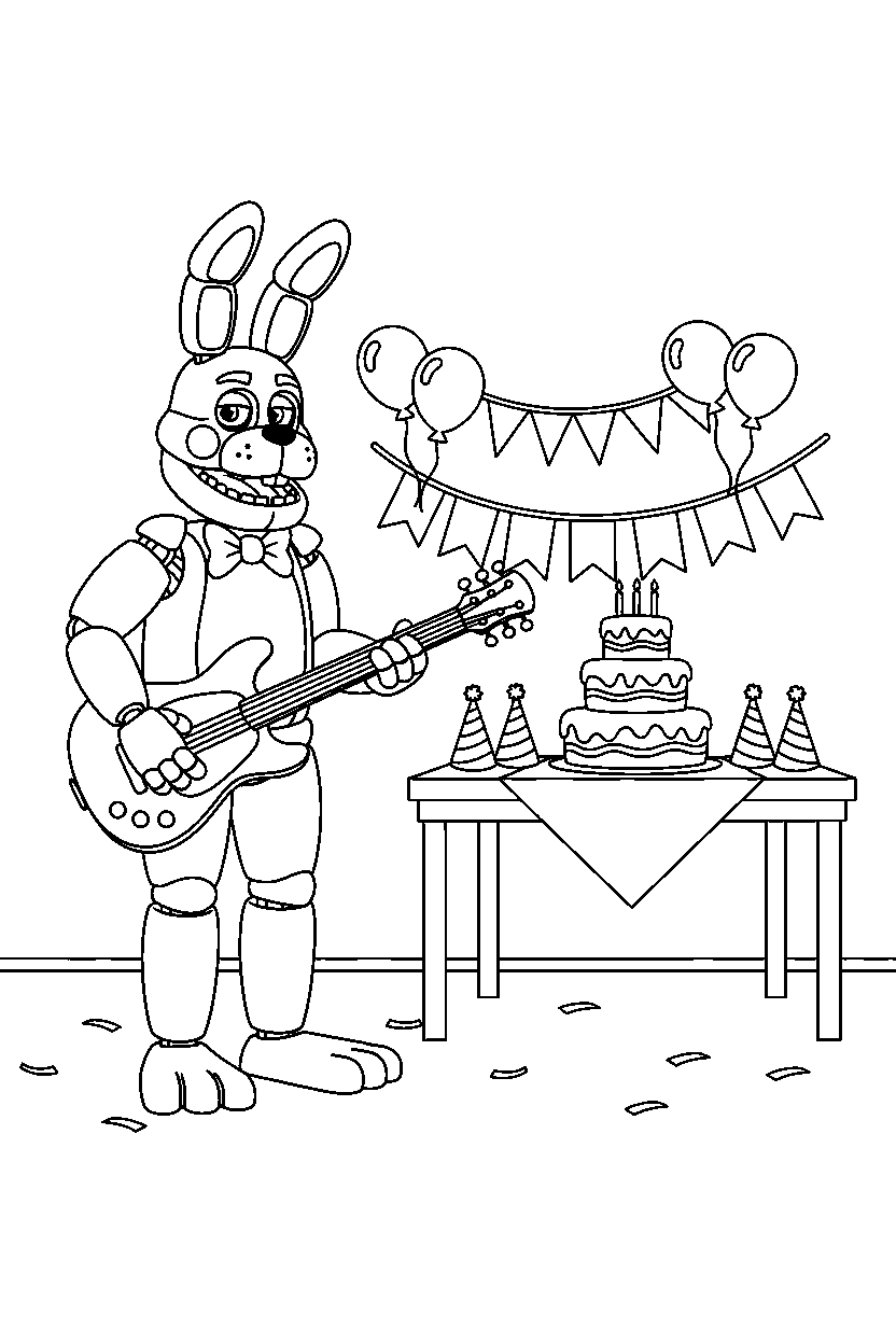 fnaf bonnie the bunny animatronic watching near a party setup line art