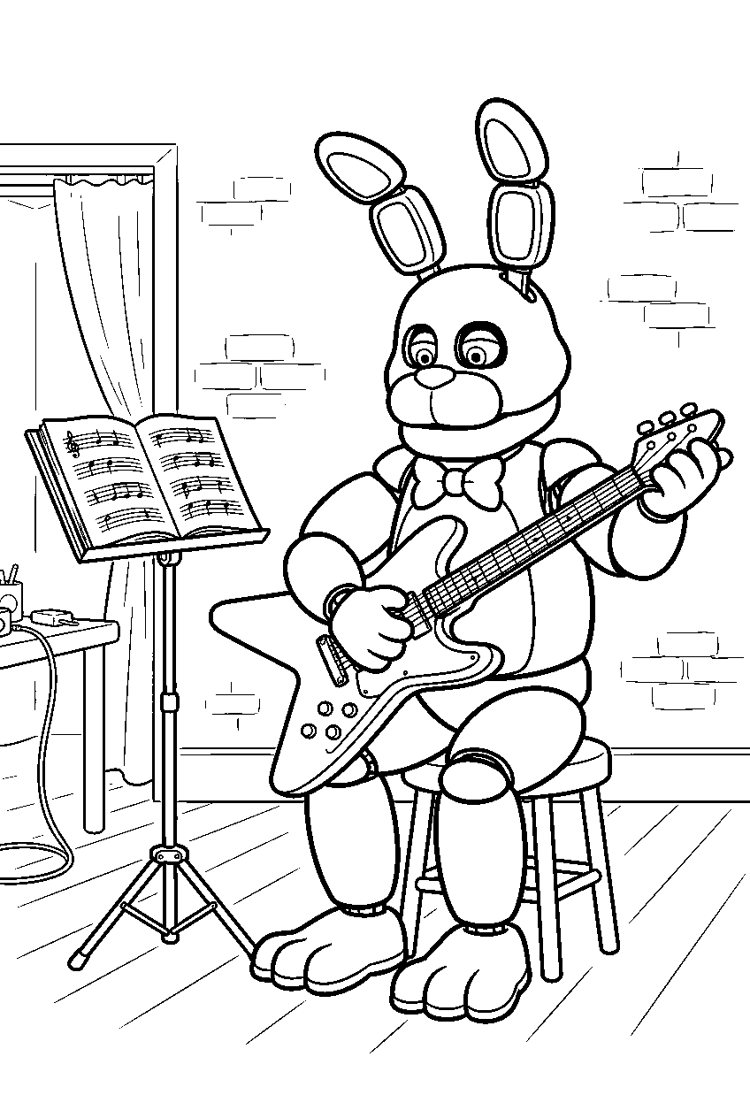 fnaf bonnie tuning his guitar beside a music stand in the backstage rehearsal room line art