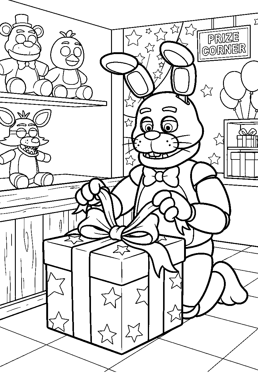 fnaf bonnie tying a ribbon around a gift box in the prize corner line art