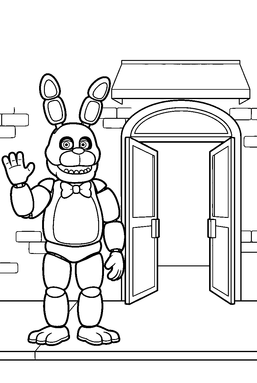 fnaf bonnie waving beside the open pizzeria entrance doors line art