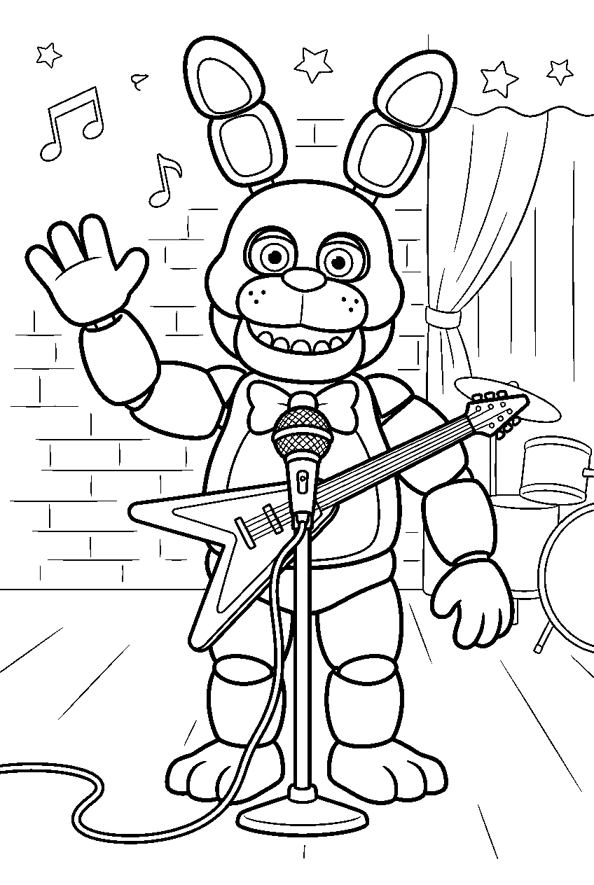fnaf bonnie waving from behind a microphone stand in the rehearsal room line art