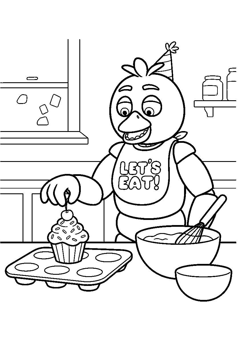 fnaf chica adding a cherry to a cupcake beside mixing bowls in the kitchen line art