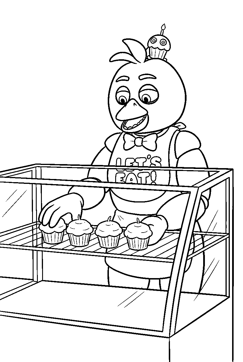 fnaf chica arranging cupcakes in a row inside the dessert display case line art