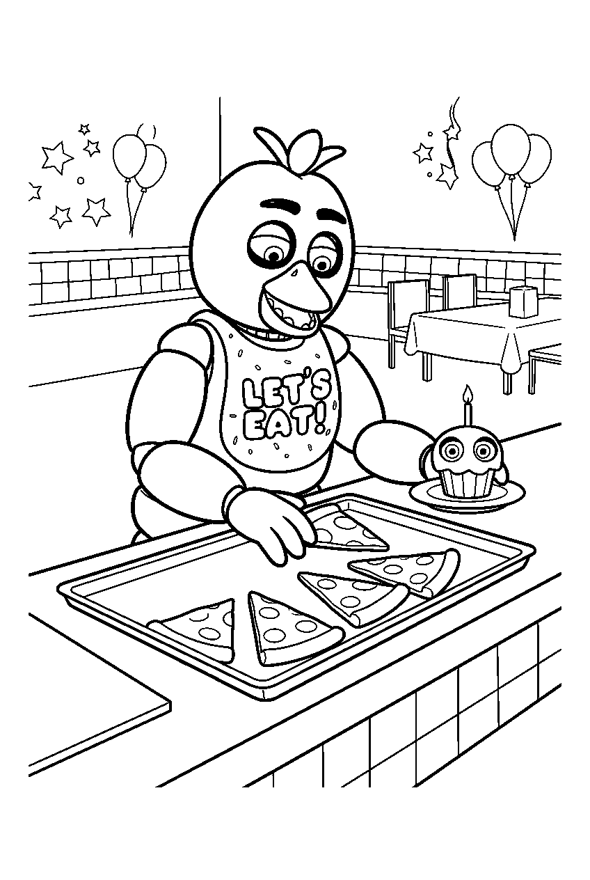 fnaf chica arranging pizza slices on a buffet tray in the dining room line art