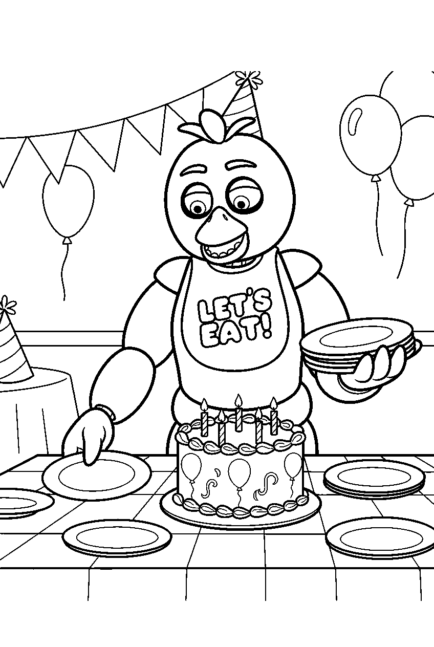 fnaf chica arranging plates around a birthday cake in the party room line art