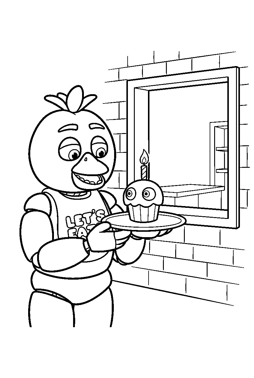 fnaf chica balancing mr cupcake on a tray beside the kitchen serving window line art