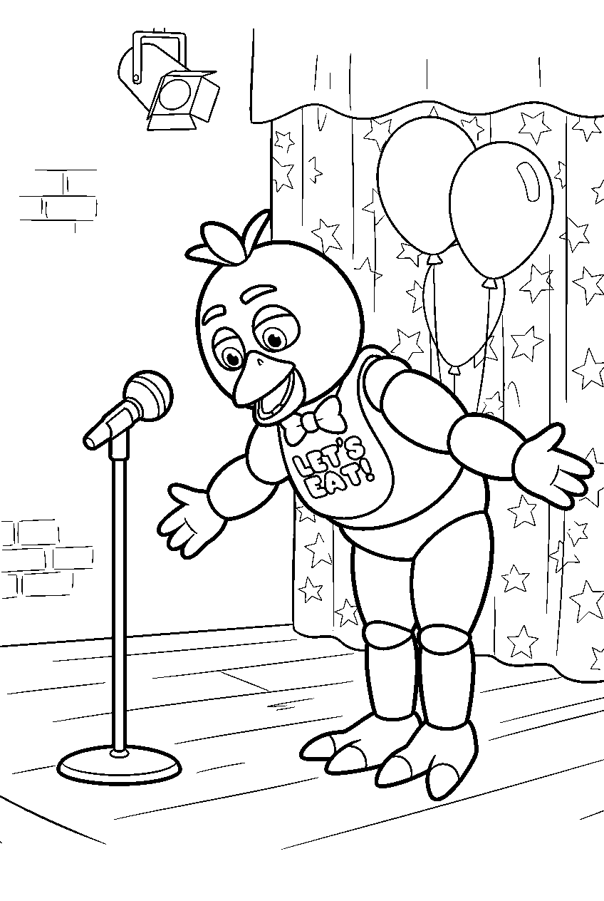 fnaf chica bowing beside a microphone after a performance on the pizzeria stage line art