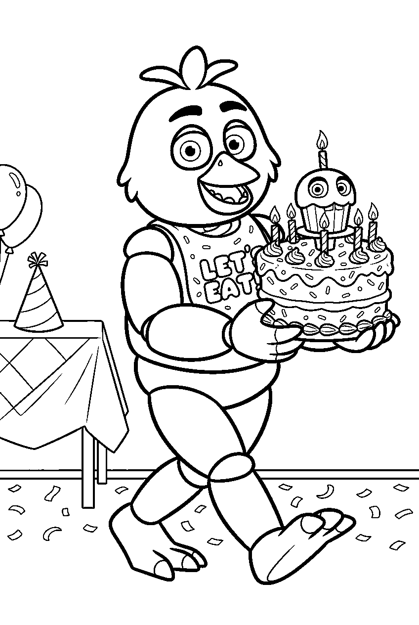fnaf chica carrying a birthday cake toward the celebration table line art
