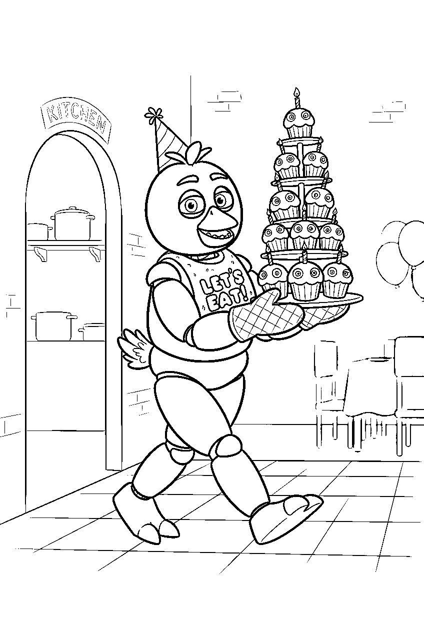 fnaf chica carrying a cupcake tower from the kitchen into the party room line art