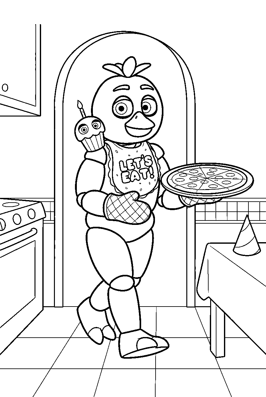 fnaf chica carrying a pizza tray from the kitchen into the dining room line art