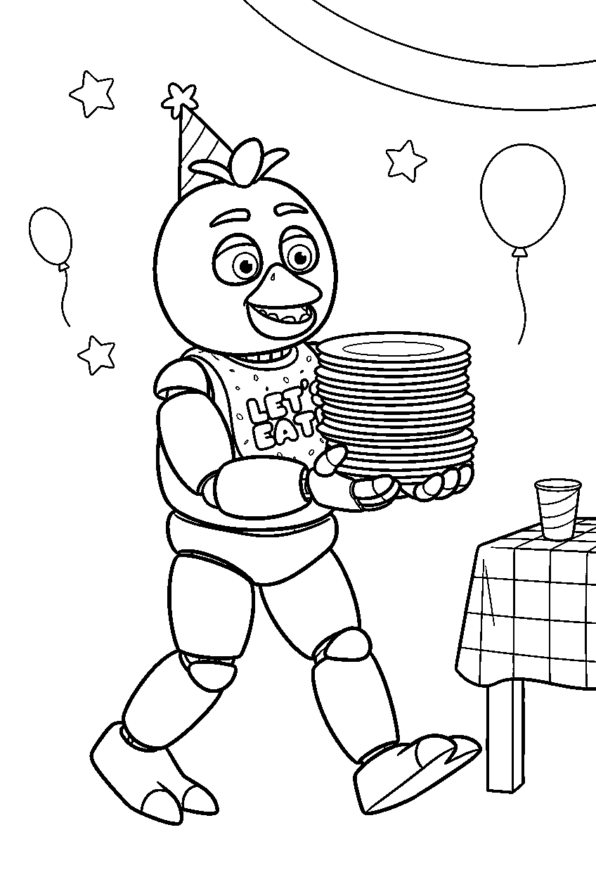 fnaf chica carrying a stack of paper plates toward the celebration table line art
