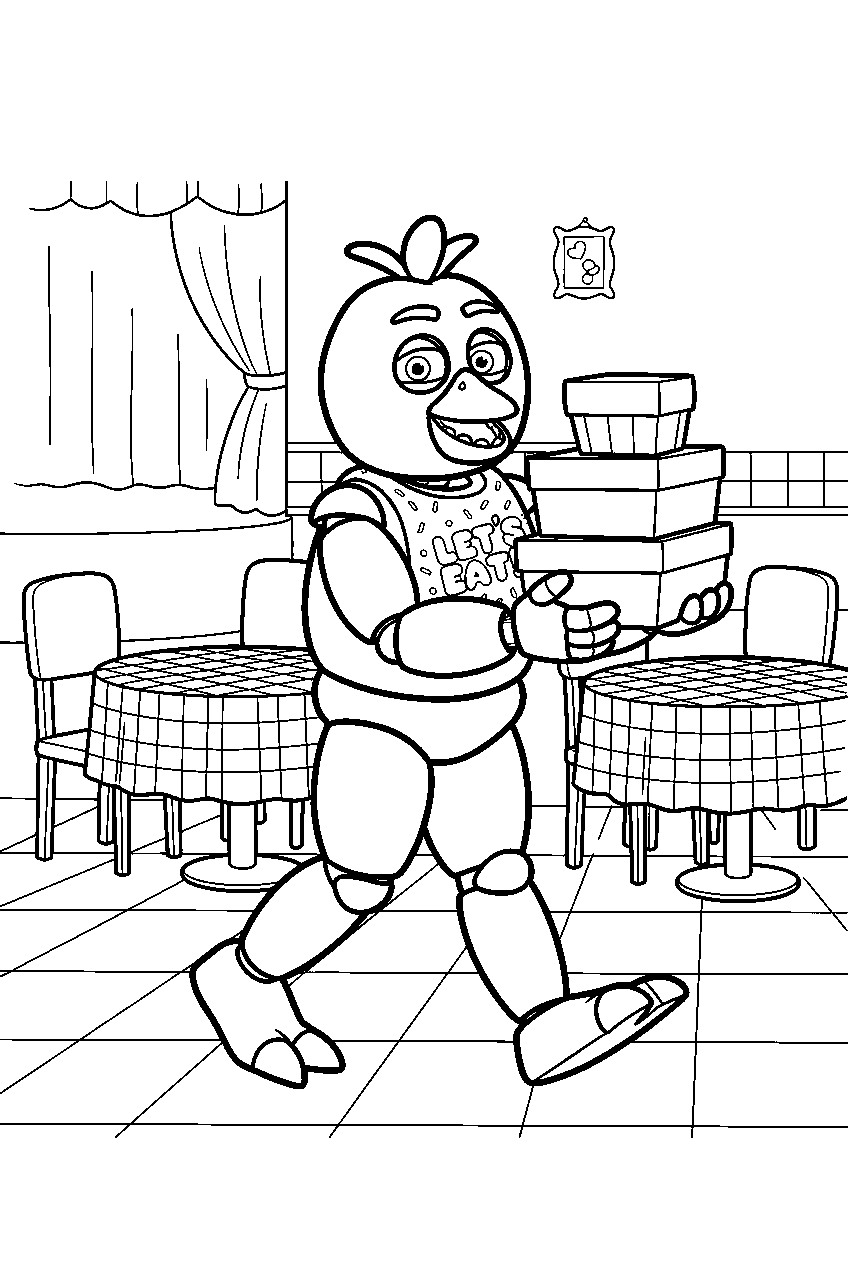 fnaf chica carrying boxed cupcakes past the pizzeria dining tables line art