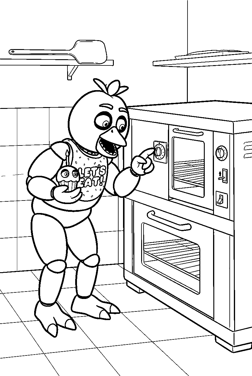 fnaf chica checking the oven timer beside the pizzeria kitchen oven line art