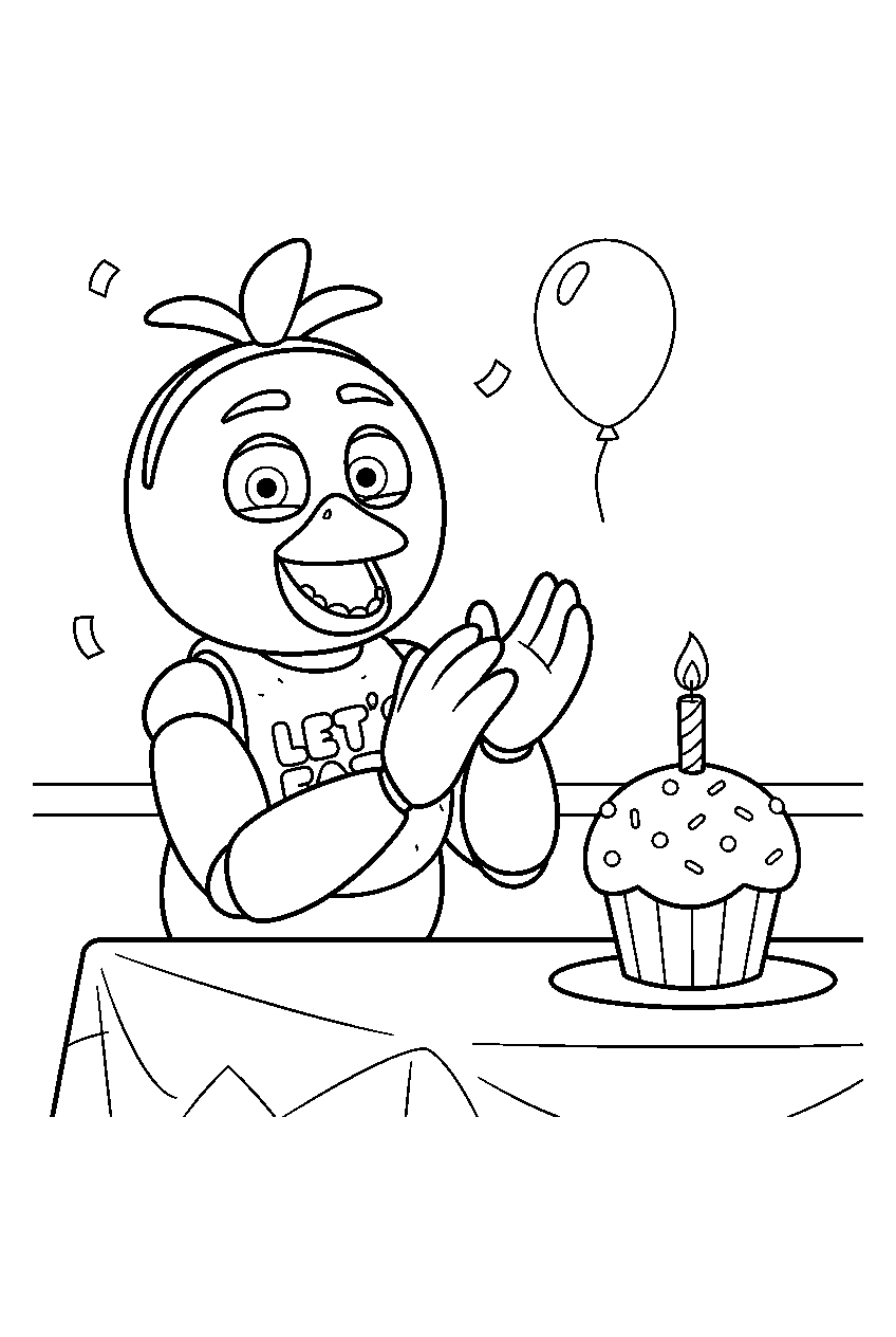 fnaf chica clapping beside a cupcake on the party table line art