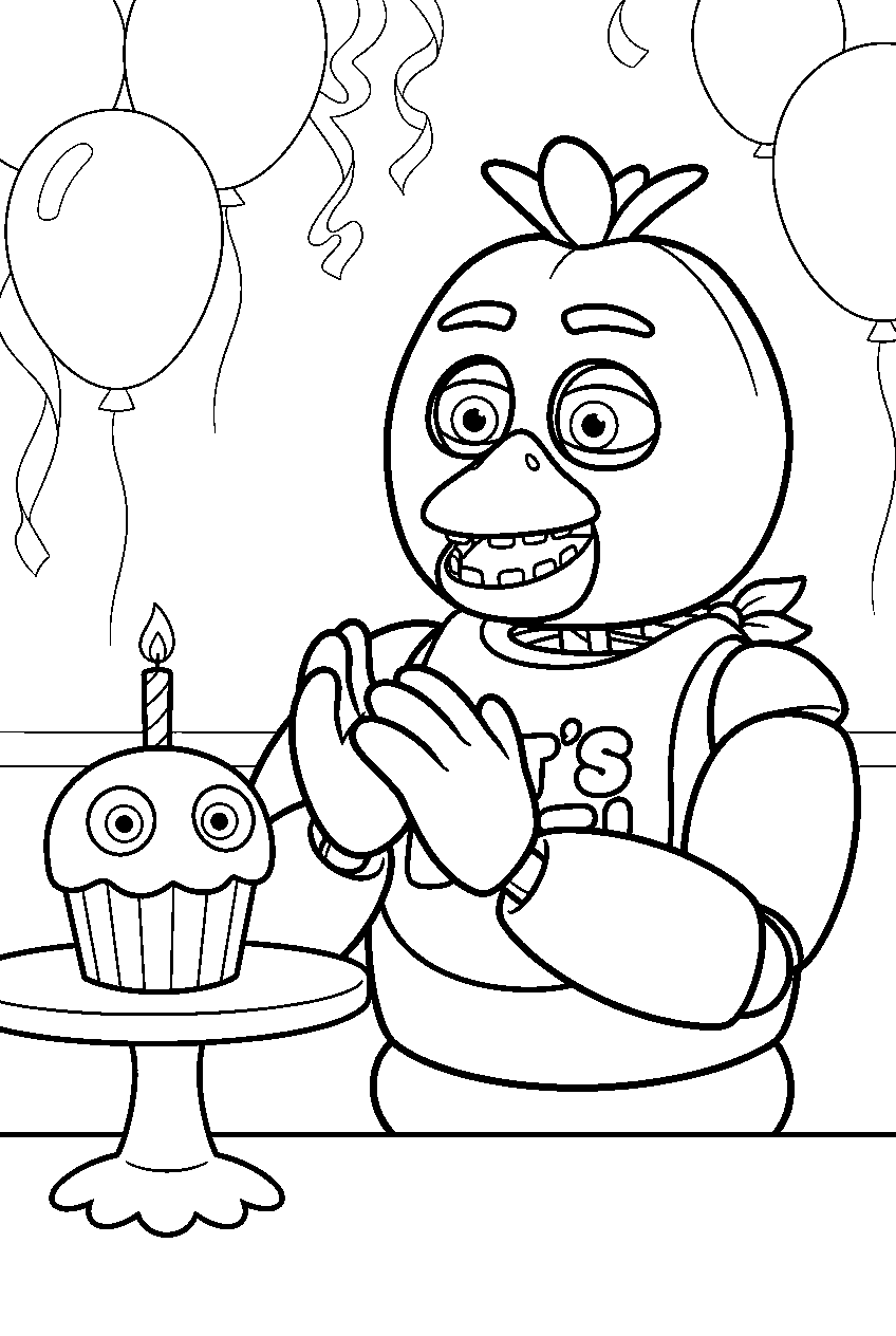 fnaf chica clapping while mr cupcake sits on a cake stand in the party room line art