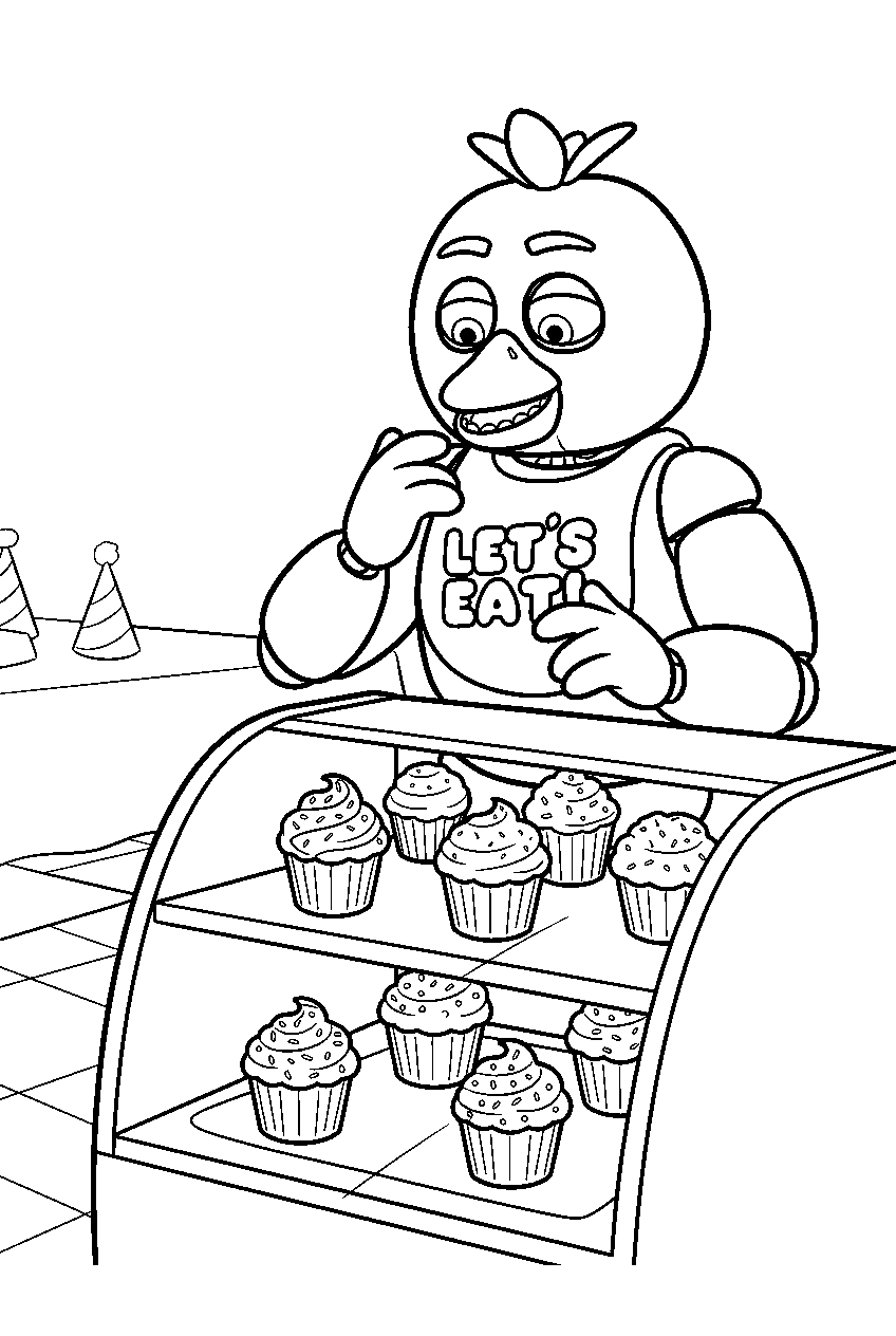 fnaf chica counting cupcakes on the dessert shelf inside the dining room line art