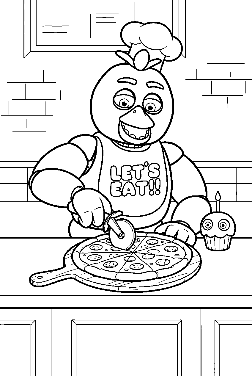 fnaf chica cutting a pizza into slices with a wheel at the serving counter line art