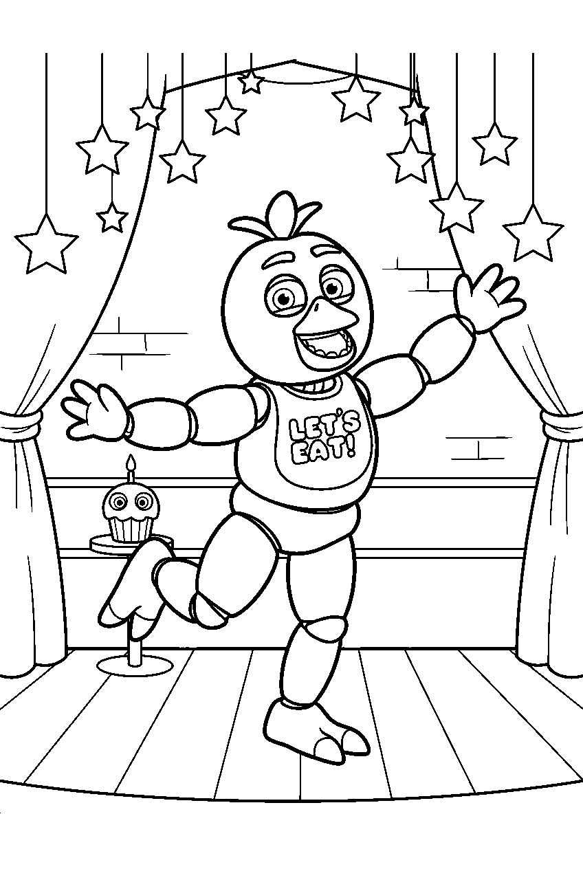 fnaf chica dancing beneath star decorations on the main pizzeria stage line art