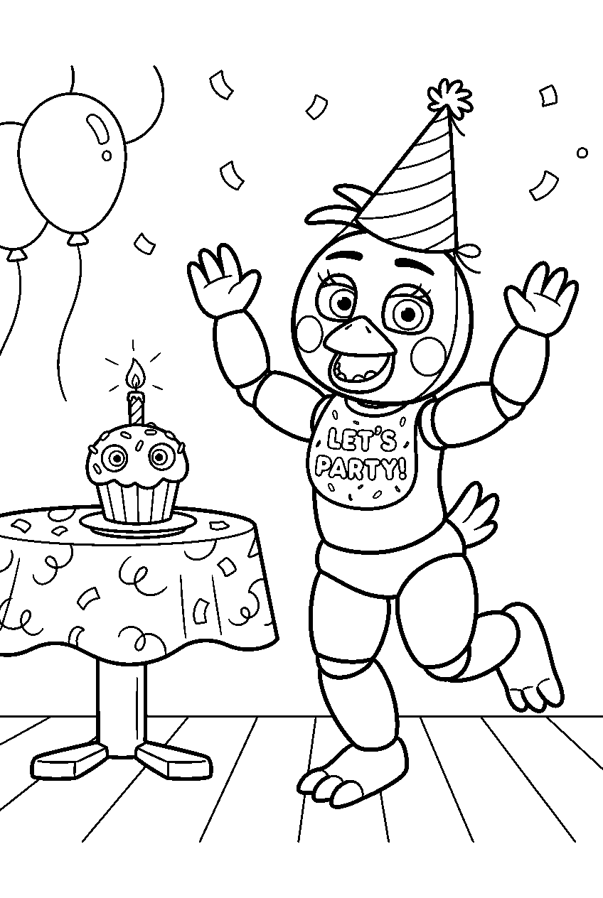 fnaf chica dancing in a party hat beside the cupcake table line art