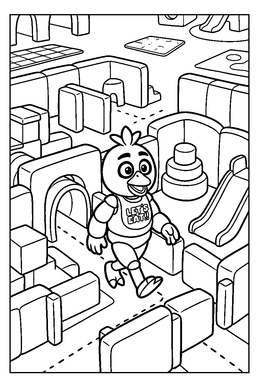 fnaf chica exploring in daycare maze line art