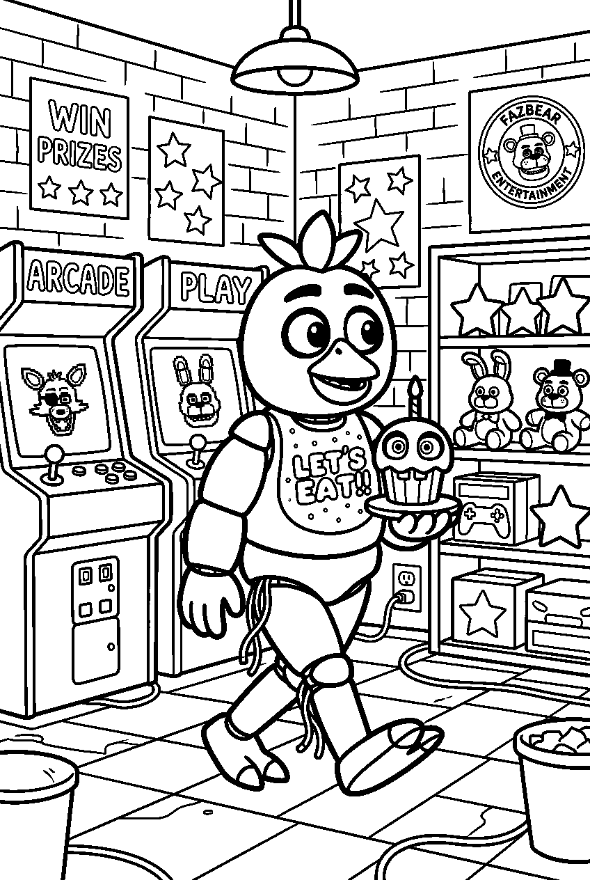 fnaf chica exploring in game room line art