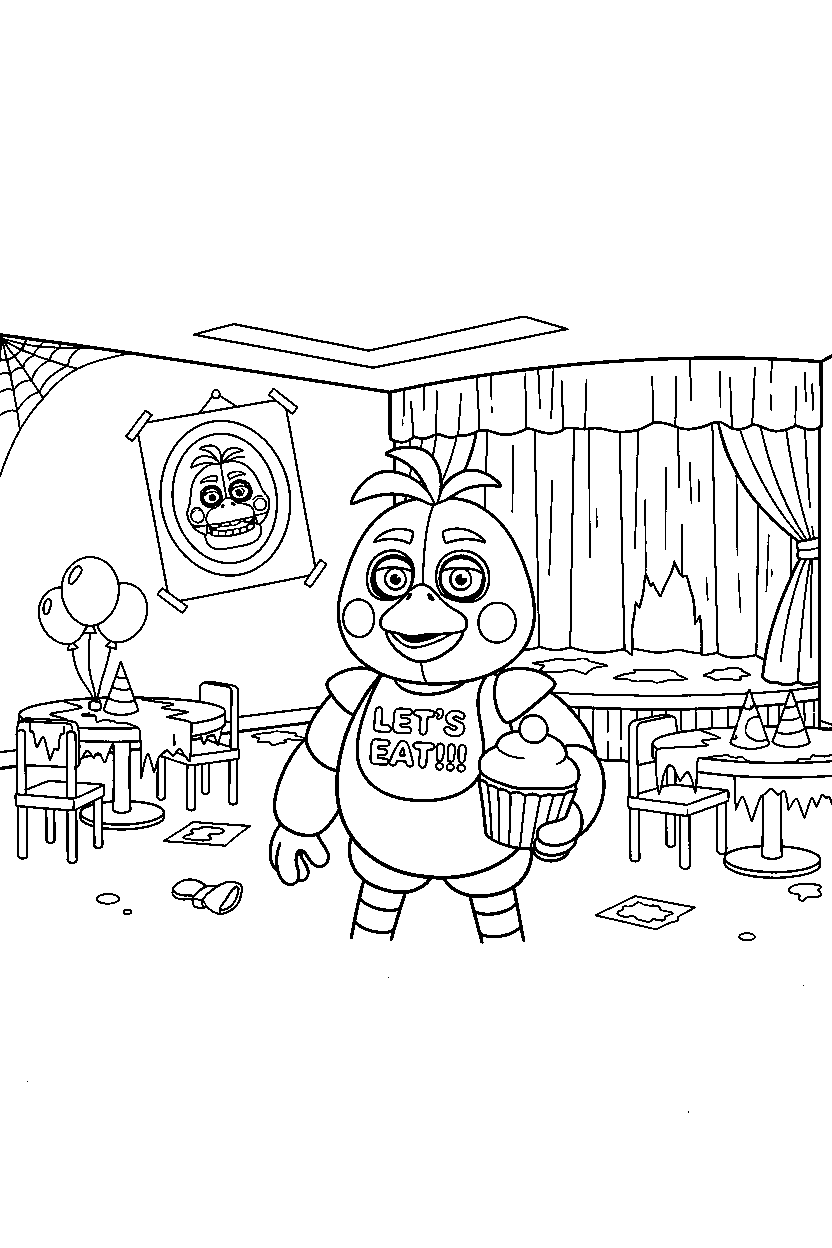 fnaf chica exploring in old party room line art