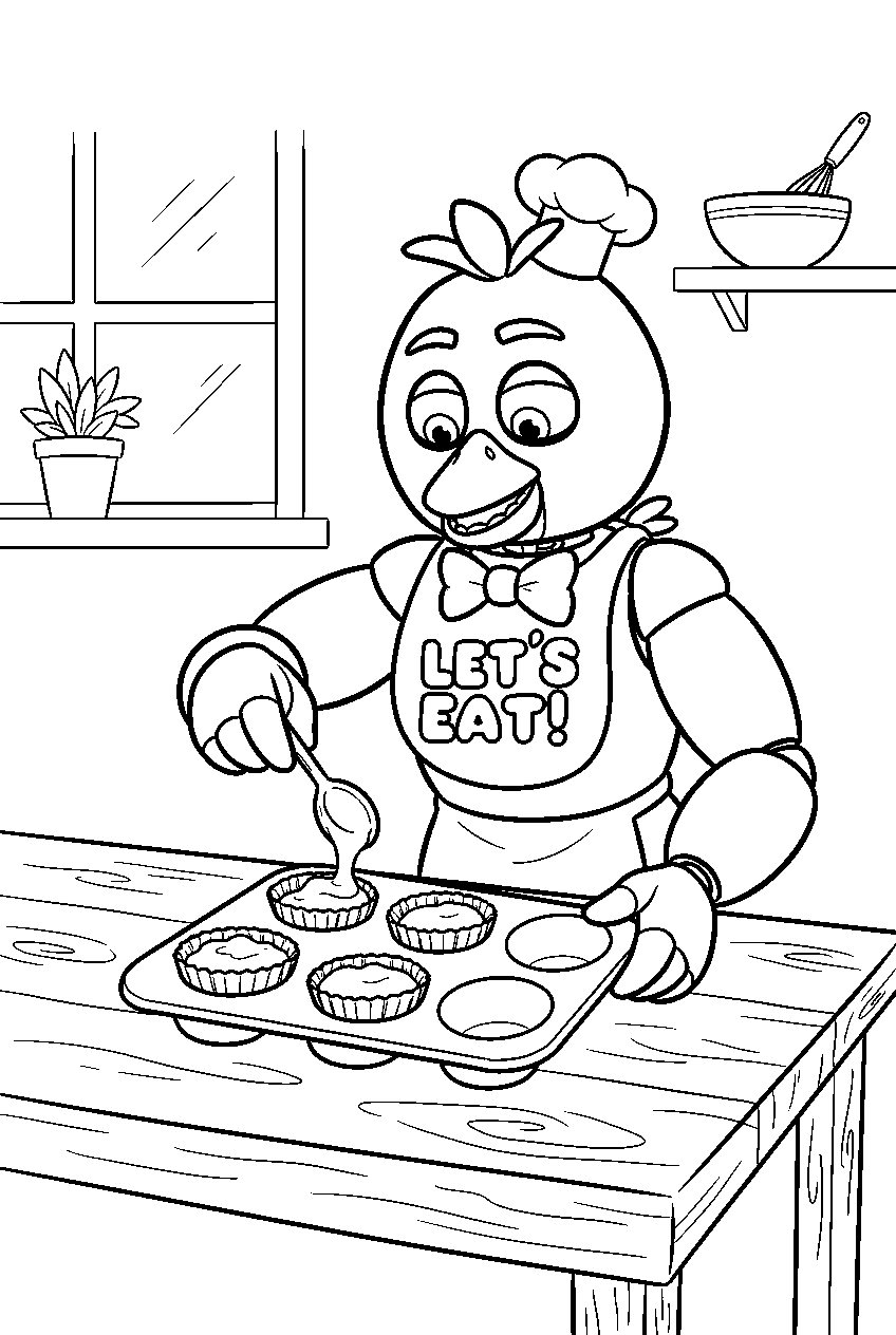 fnaf chica filling cupcake cups with batter at the kitchen table line art