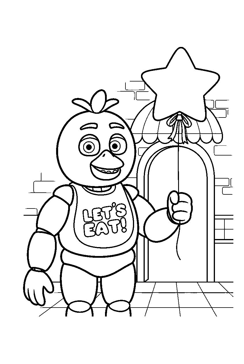 fnaf chica holding a star shaped balloon beside the pizzeria entrance line art
