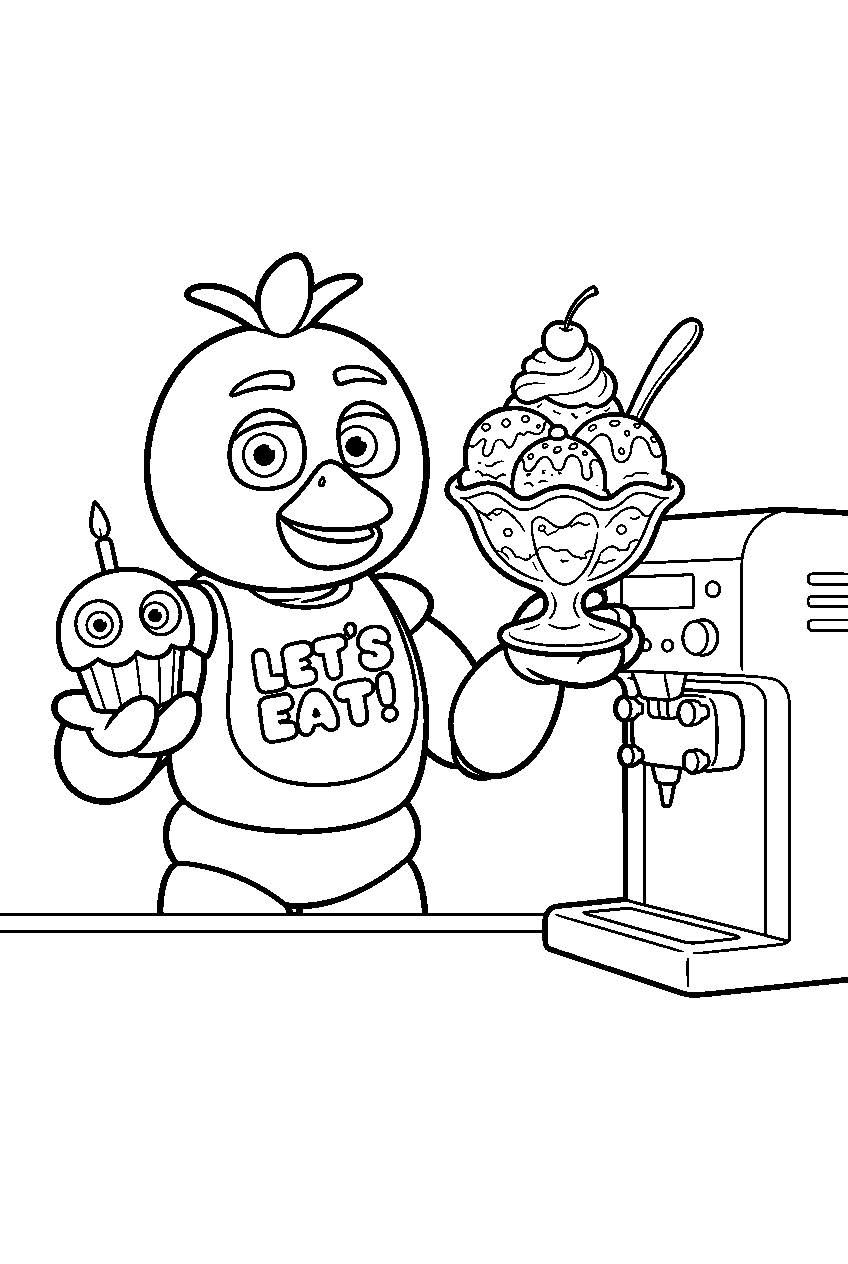 fnaf chica holding an ice cream sundae beside the dessert machine line art