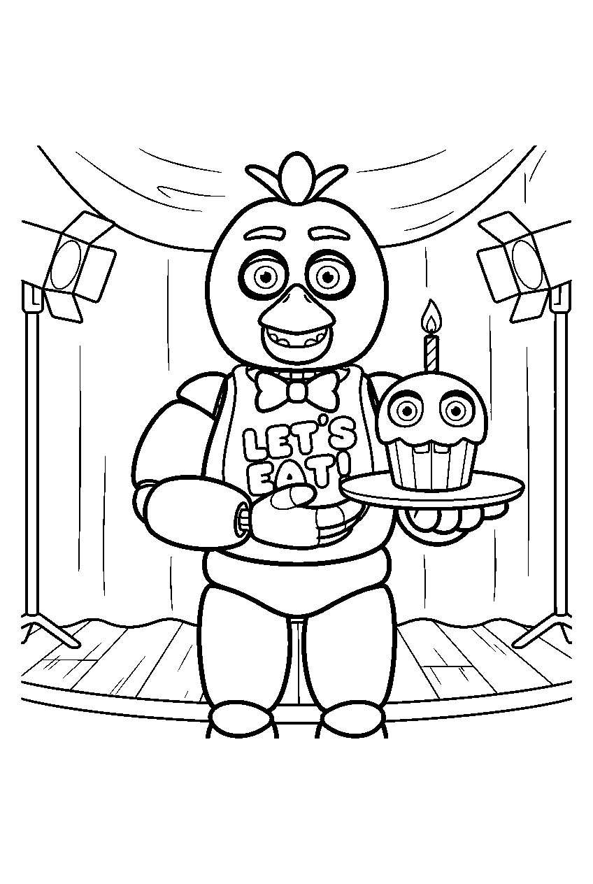 fnaf chica holding mr cupcake on a tray at the center of the main pizzeria stage line art