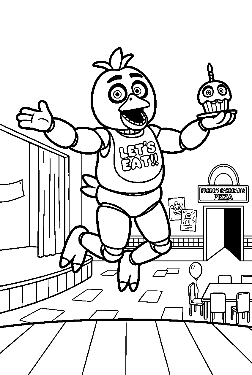fnaf chica jumping in freddy fazbear s pizza line art