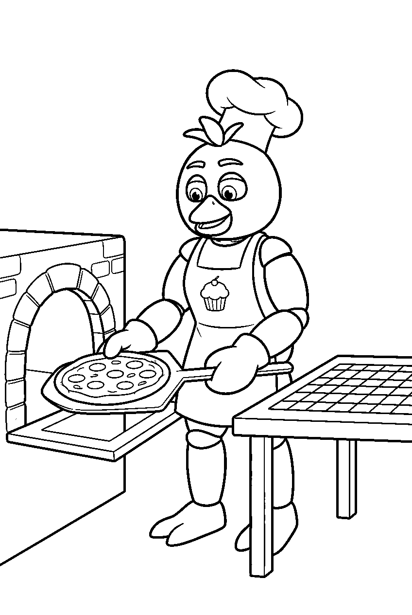 fnaf chica lifting a baked pizza from the oven onto the cooling table line art
