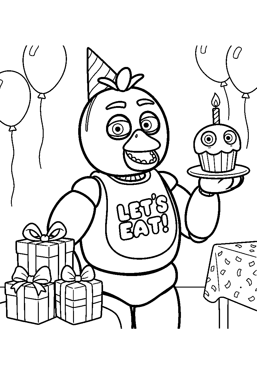 fnaf chica lifting her cupcake beside stacked presents in the birthday room line art