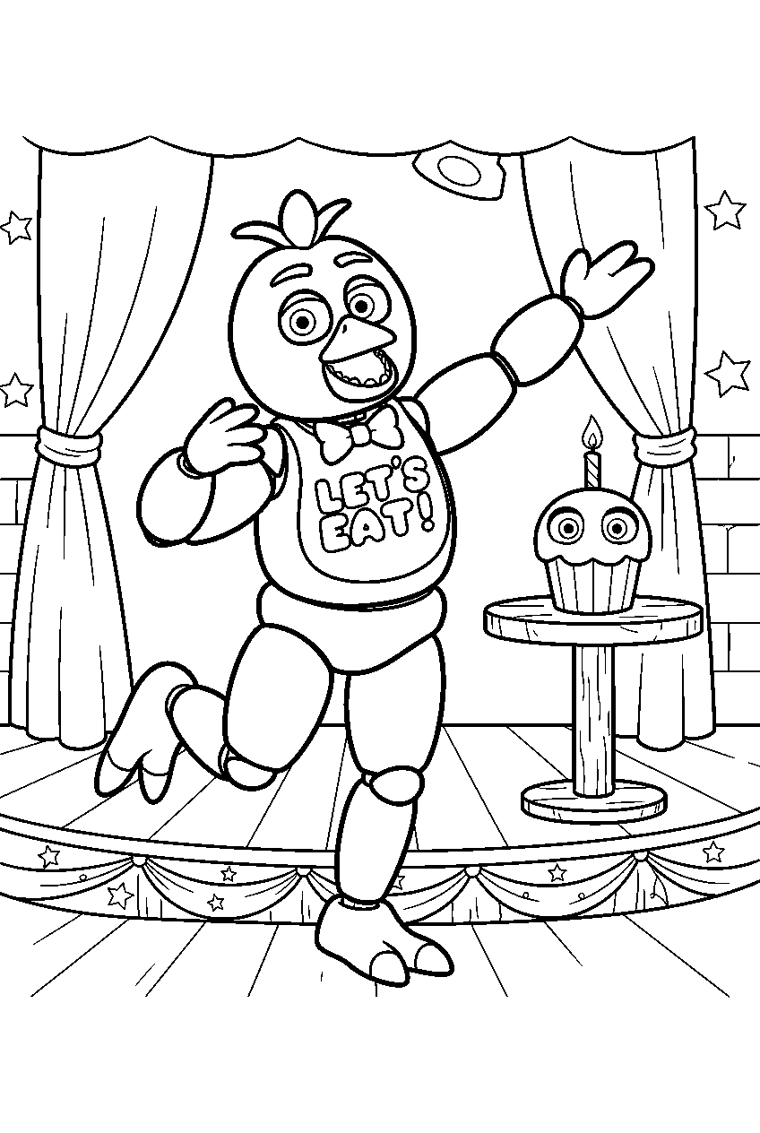 fnaf chica lifting one foot in a dance pose beside mr cupcake on the party stage line art