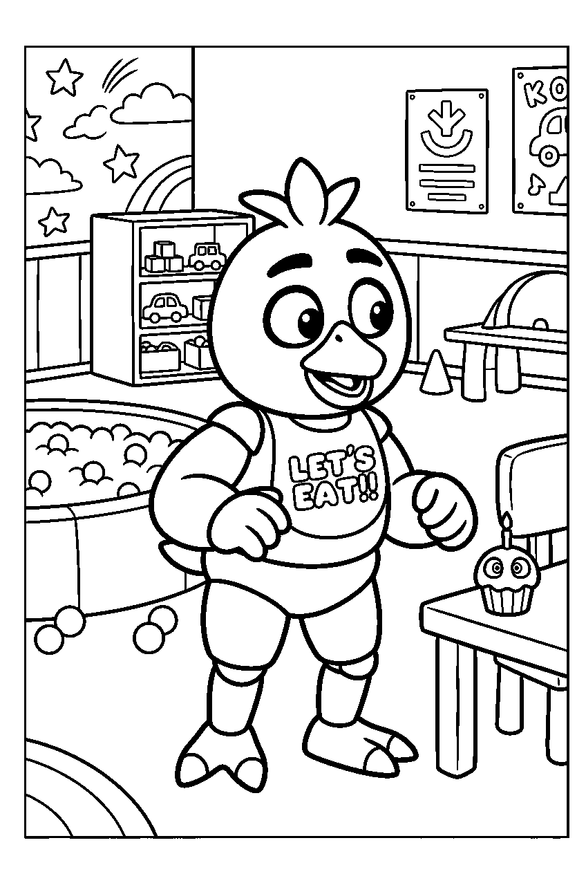 fnaf chica looking around in daycare line art