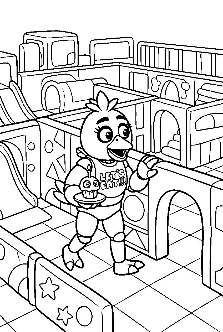 fnaf chica looking around in daycare maze line art