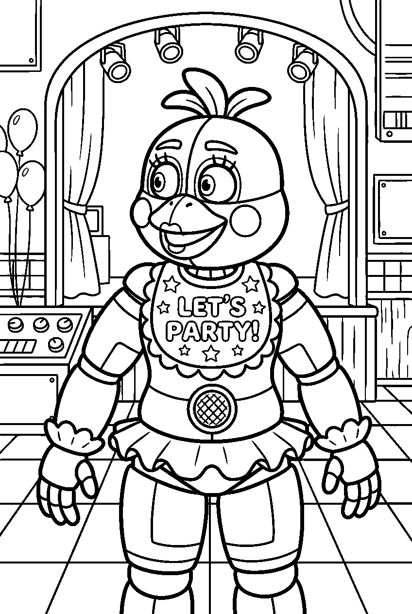 fnaf chica looking around in funtime auditorium line art