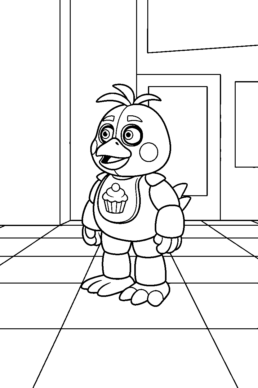 fnaf chica looking around on tiled floor line art