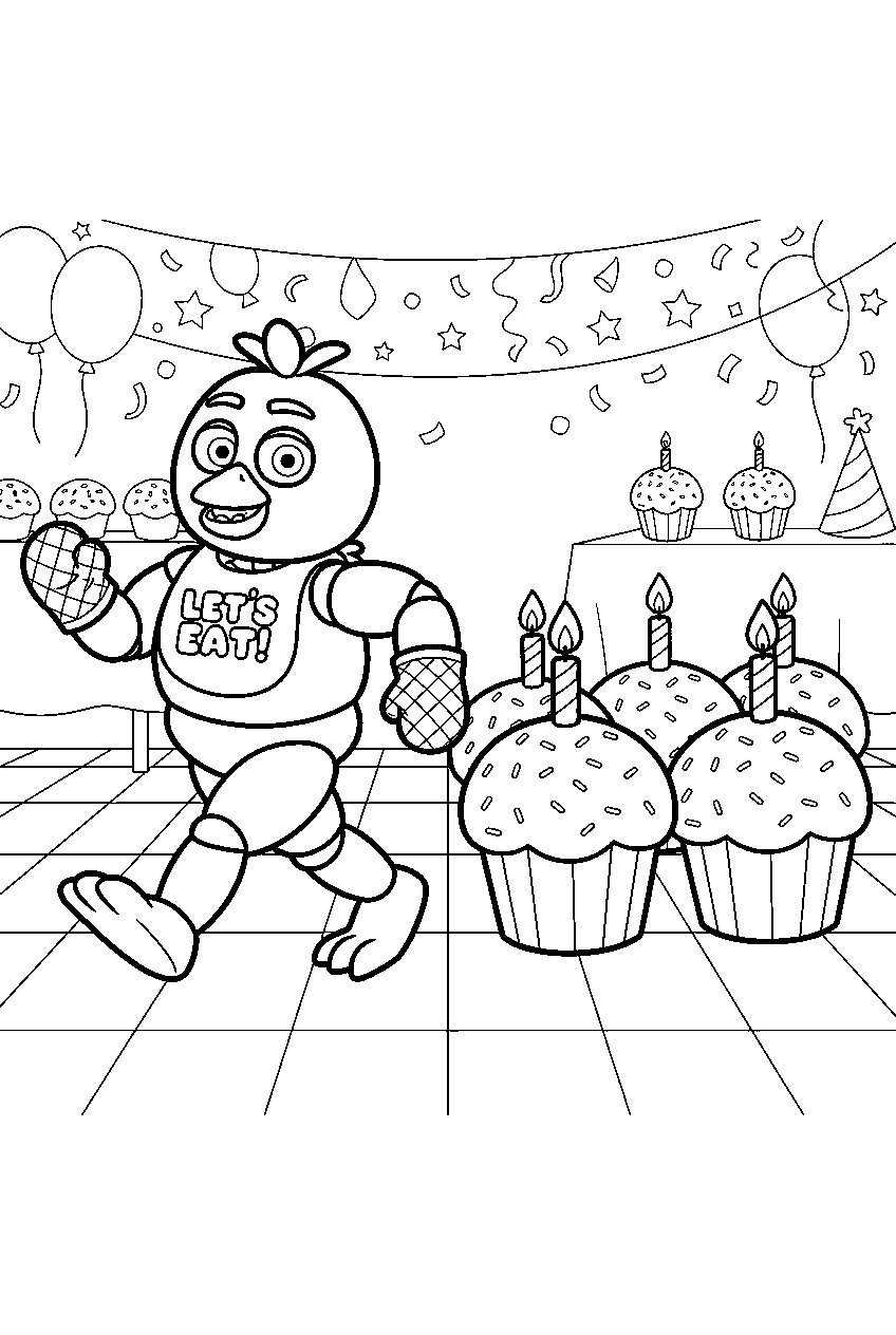 fnaf chica marching beside cupcake decorations across the party hall line art