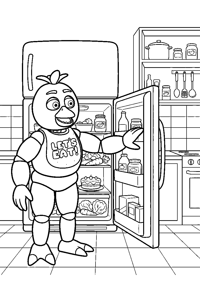 fnaf chica opening the refrigerator door beside food shelves in the kitchen line art