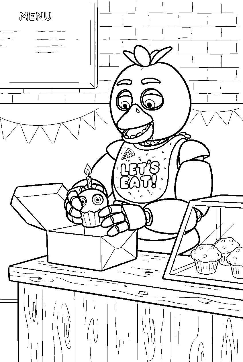 fnaf chica packing a cupcake into a carry box at the pickup counter line art