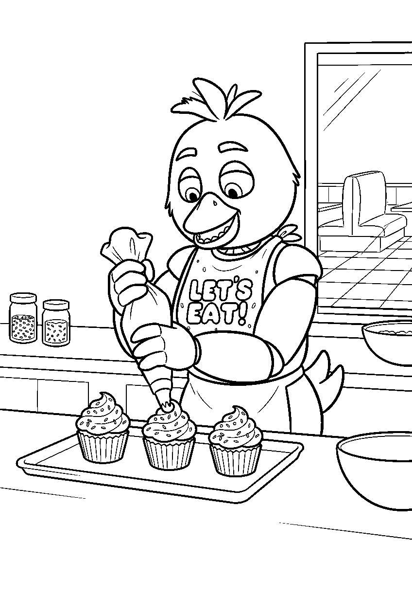 fnaf chica piping frosting onto cupcakes at the pastry station line art