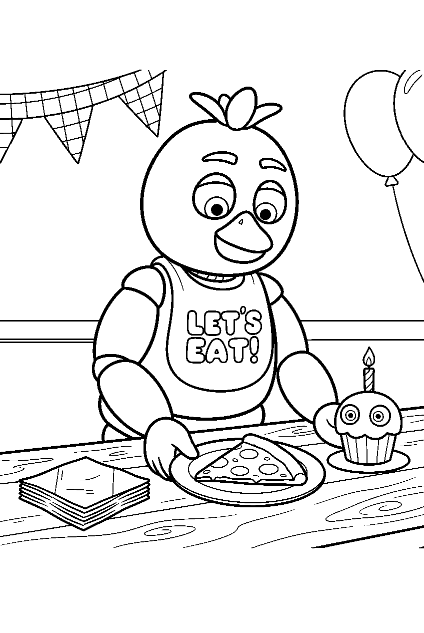 fnaf chica placing a pizza plate beside napkins at the party table line art
