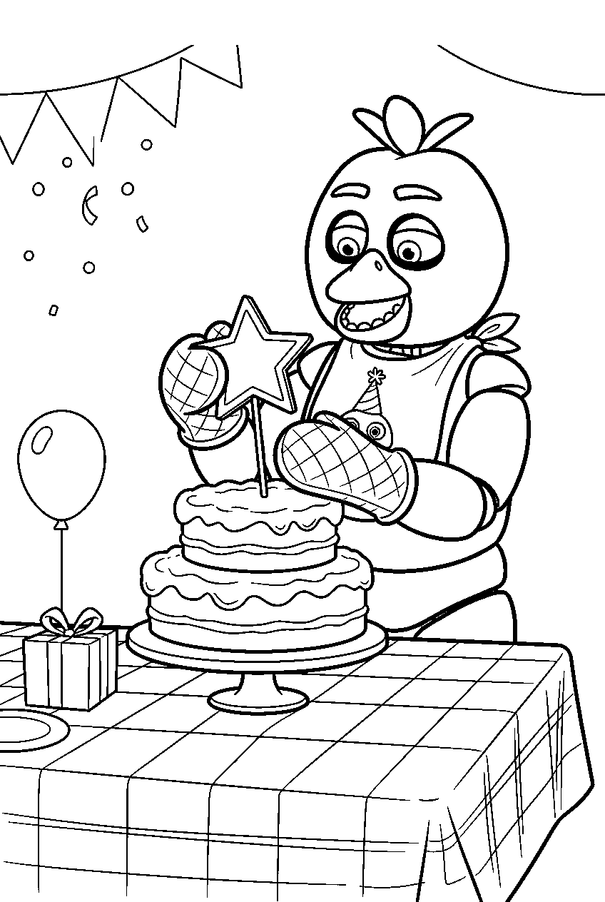 fnaf chica placing a star topper on a birthday cake at the party table line art