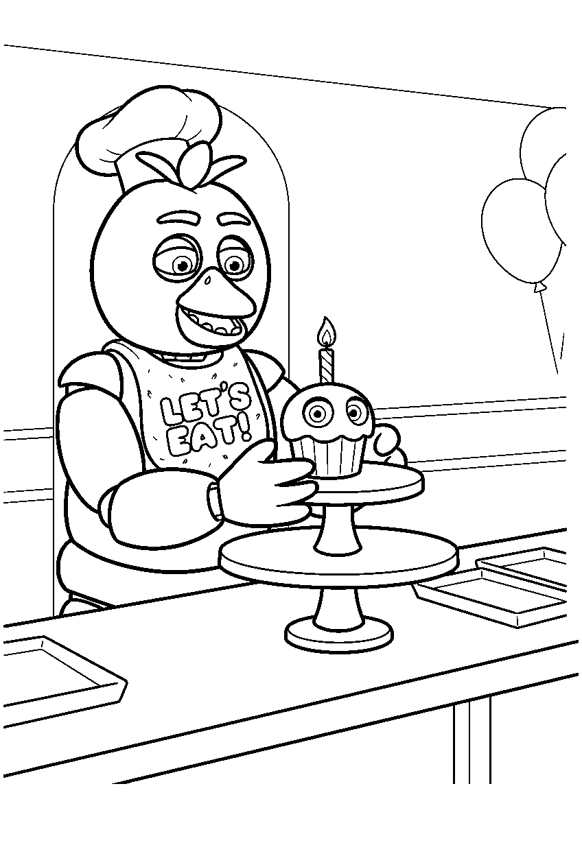 fnaf chica placing mr cupcake on a cake stand at the dessert counter line art