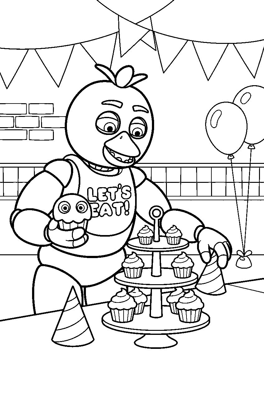 fnaf chica placing party hats around a cupcake stand in the party room line art