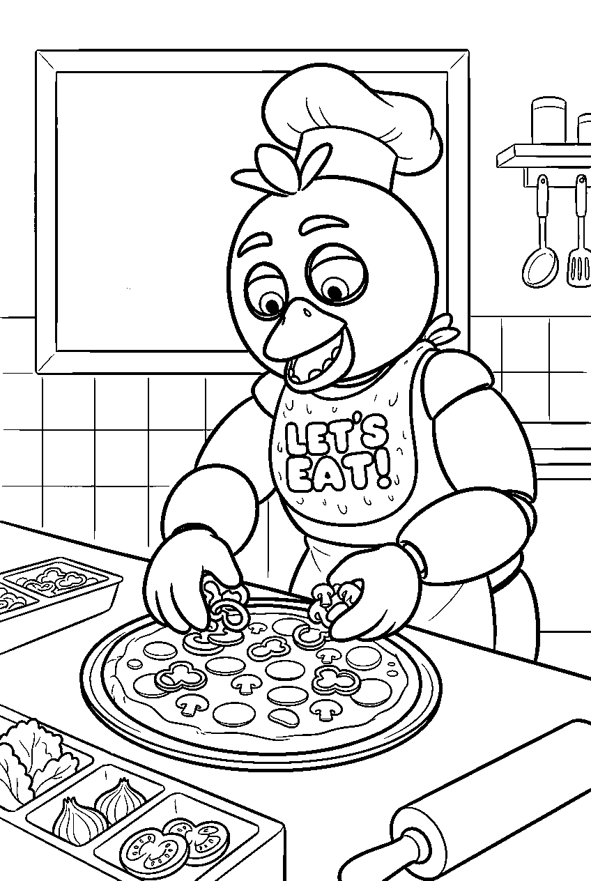fnaf chica placing vegetable toppings on a pizza at the preparation station line art