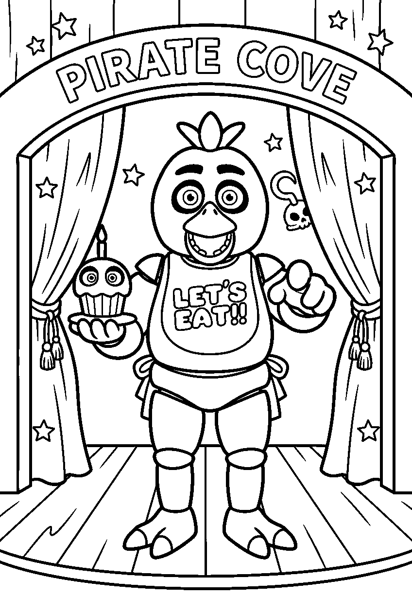 fnaf chica pointing in pirate cove line art