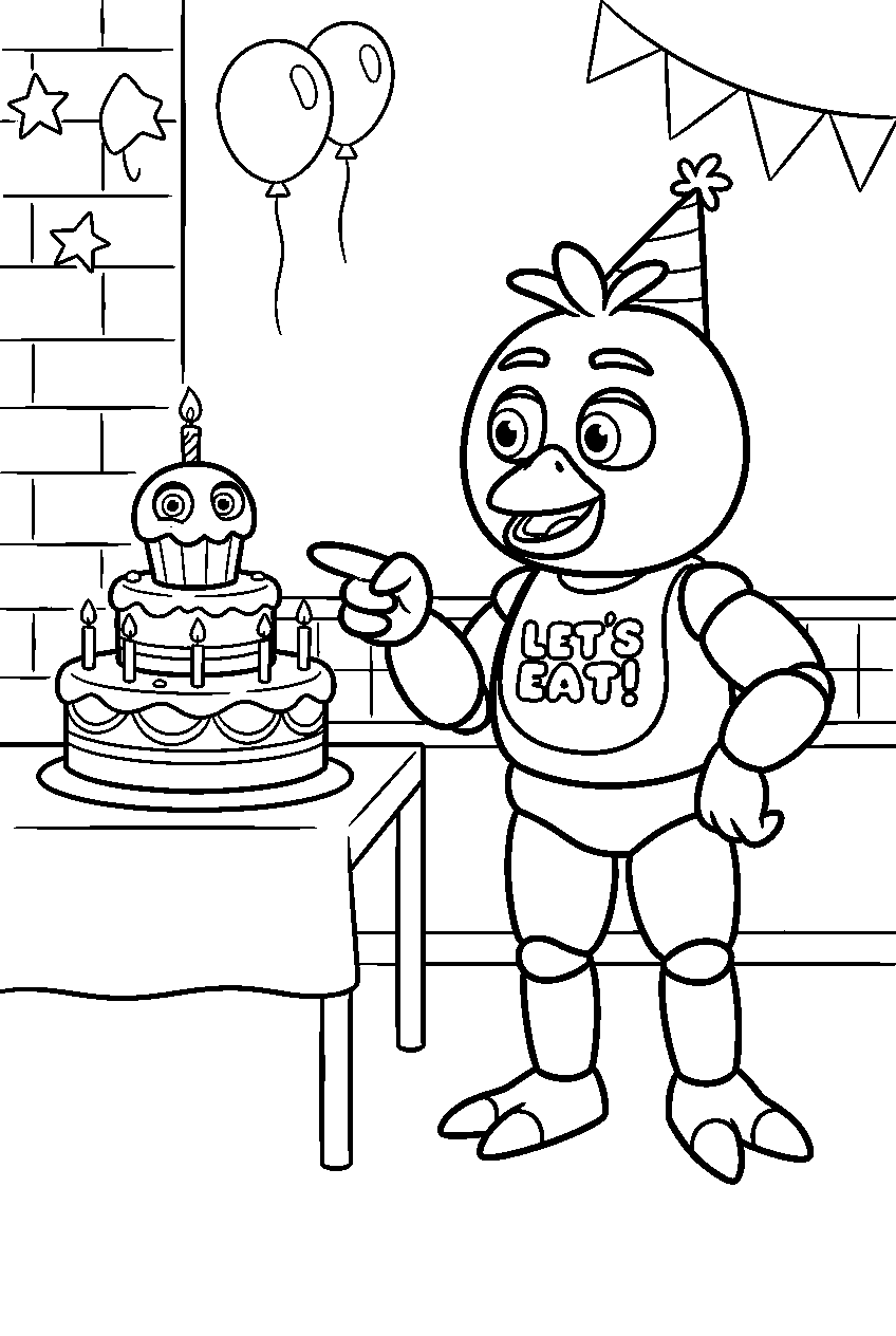 fnaf chica pointing to mr cupcake atop a birthday cake in the party room line art