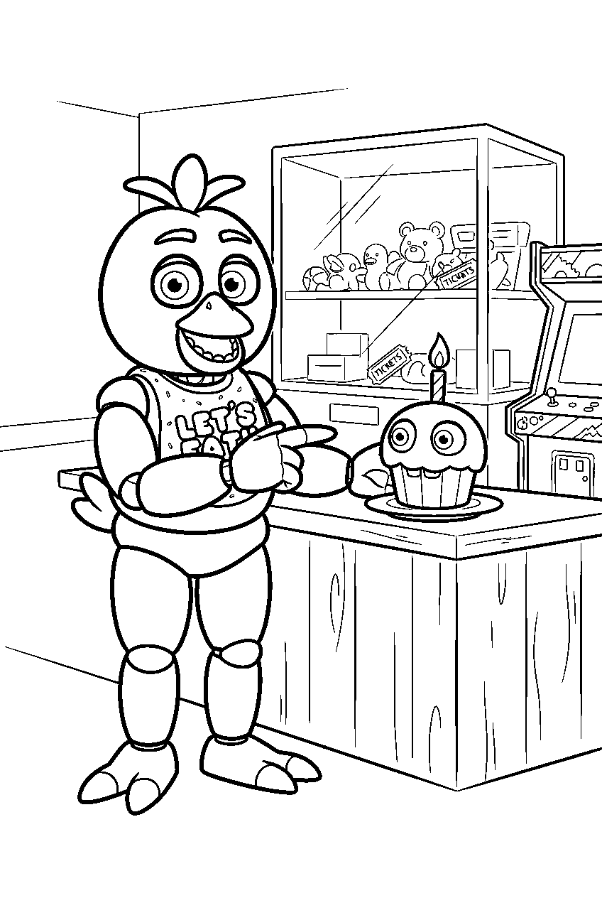 fnaf chica pointing to mr cupcake beside the arcade prize counter line art